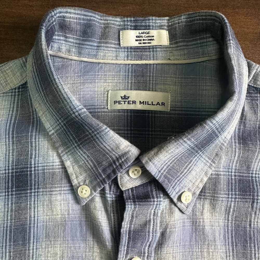 Peter Millar Blue Plaid Long Sleeve Shirt Size LARGE